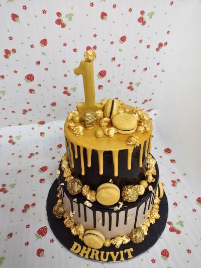 Black and Gold Drip Two Tier First Birthday Cake