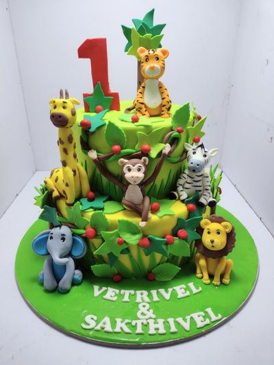 Animal Theme First Birthday Cake for Boys